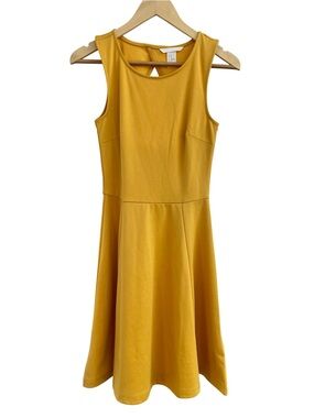 H&M Mustard Yellow Fit & Flare Skater Mini Dress Open Back Sleeveless XS EUC
